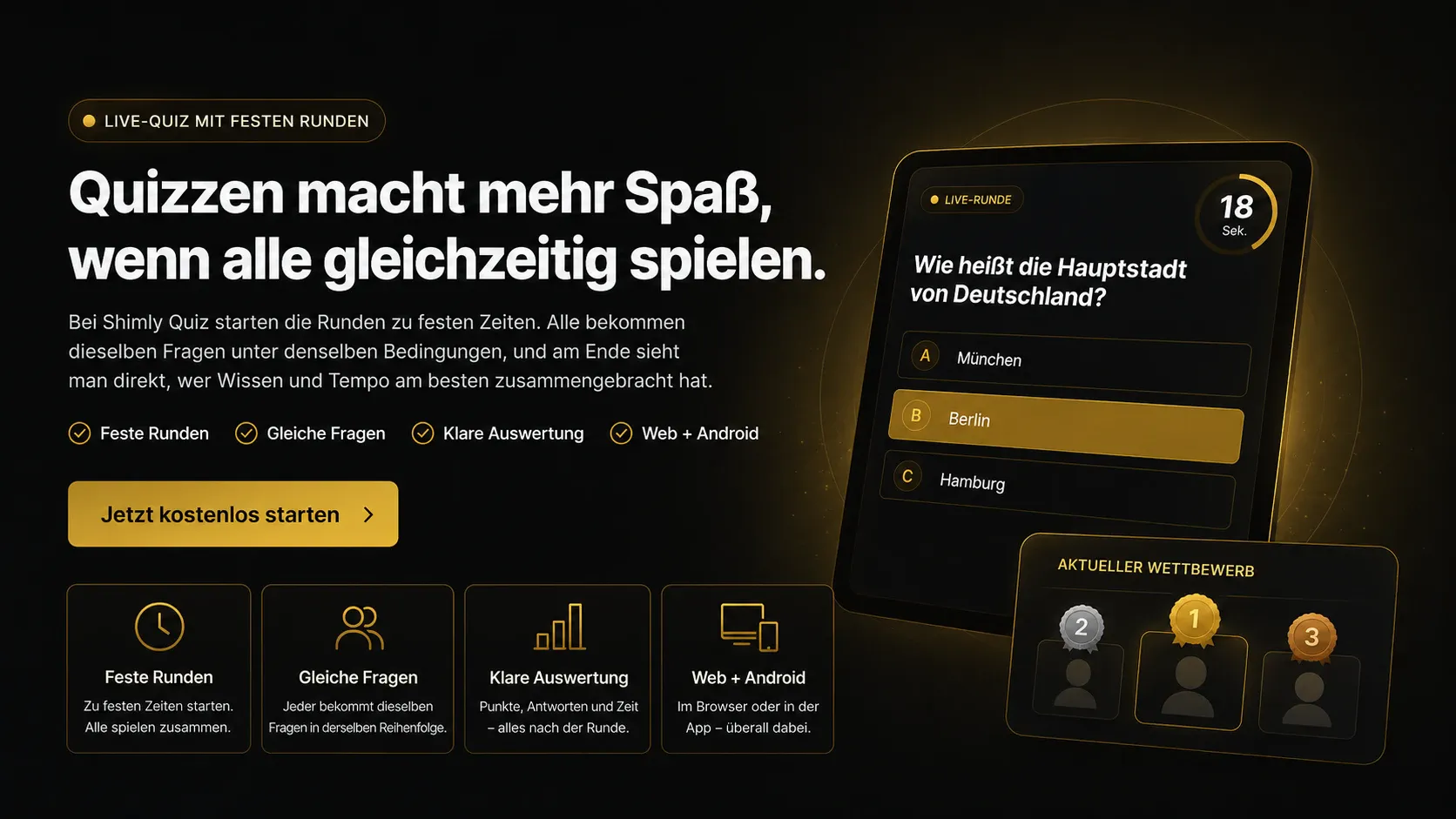 Shimly Quiz: Live-Quiz mit festen Runden, gleichen Fragen, klarer Auswertung und Teilnahme im Web oder über Android